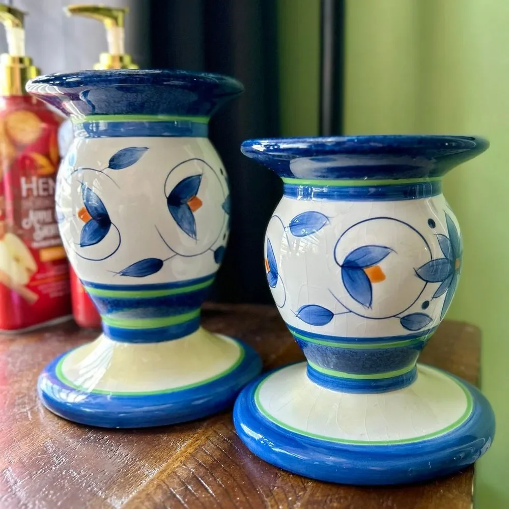 VTG Pfaltzgraff Floral Dainty Ceramic Blue + Orange Candlestick Holder Set of 2